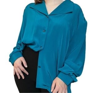 SG Sport Collection Vintage 80s Silky Blue Button Down Blouse XL